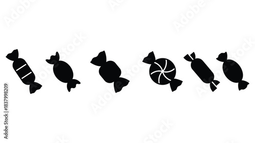 Illustration of six black wrapped candies on a white background art