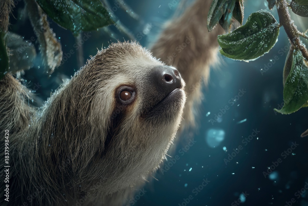 Obraz premium Close-Up of a Sloth Hanging on a Branch in a Lush Green Forest