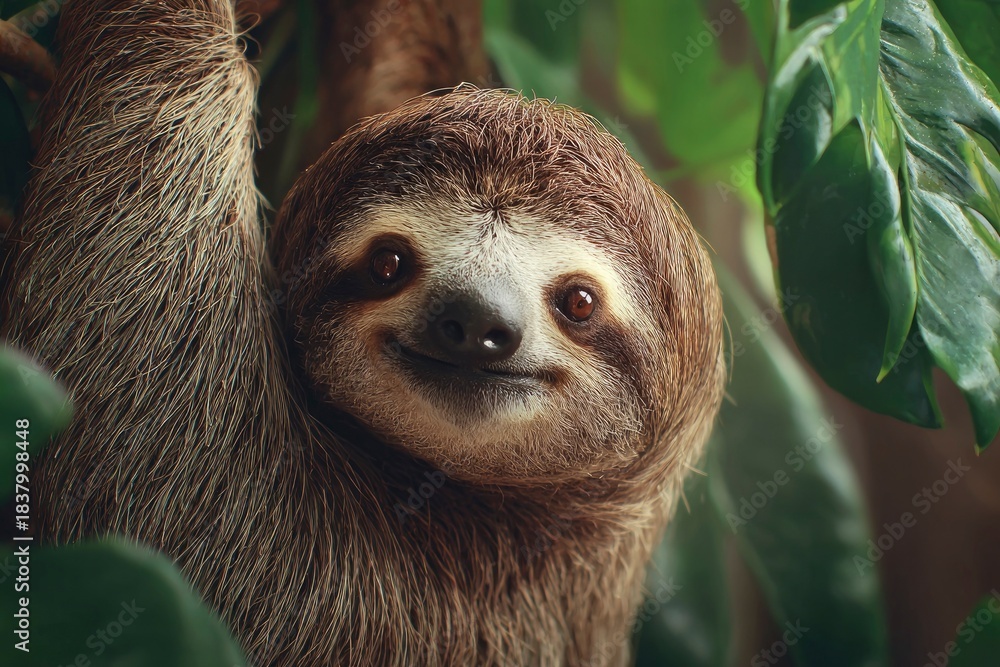 Obraz premium Charming sloth hanging from a lush green leaf in a serene setting