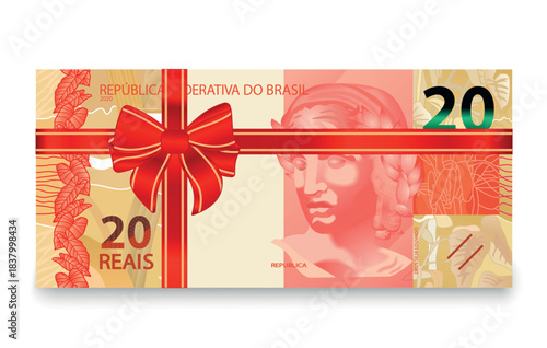 20 reals banknote with red bow, gift concept. Vector illustration.