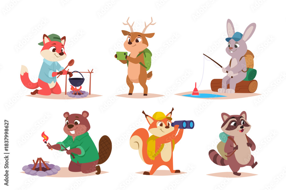 Naklejka premium Hiking animals. Forest adventure time of wild cartoon animals exact vector outdoor exploration characters with backpack