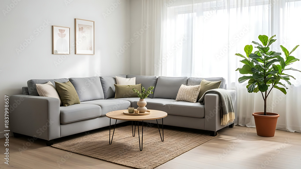 Obraz premium Modern Light-Gray Fabric Sofa with Cushions