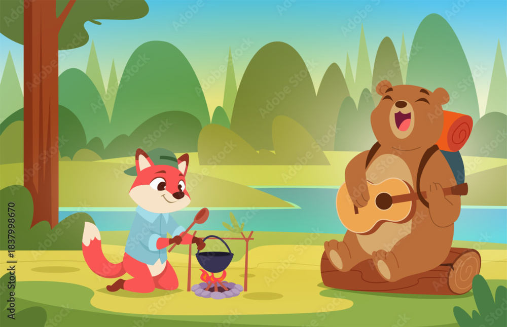 Naklejka premium Forest background. Wild animals tourists hiking and exploring outdoor exact vector template