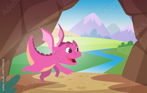 Dragon background. Fairytale illustration with fantasy little baby dragon exact vector template in cartoon style