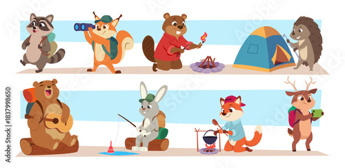 Animals outdoor. Hiking animals exploring forest exact vector characters hiking