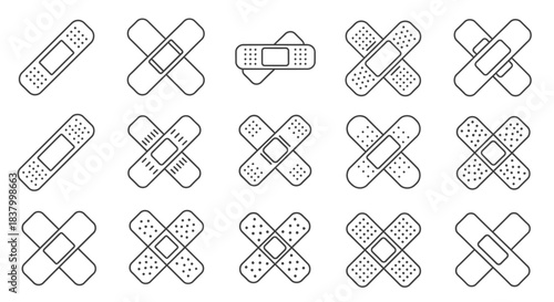 Set of adhesive bandages, plasters, and first aid strip icons
