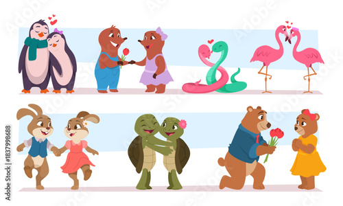 Animals in love. Romantic couples of different cute animals exact vector cartoon template
