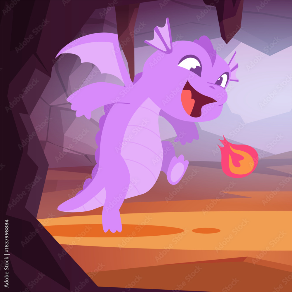 Fototapeta premium Dragon. fairy tale kid dragon in cave. vector background