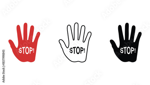 Three hand stop signs in red black and outline on a white background