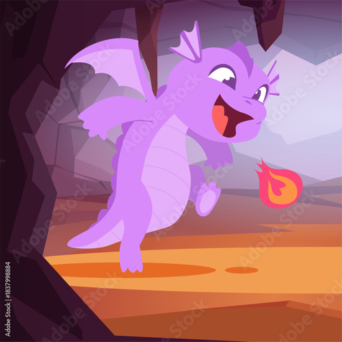 Dragon. fairy tale kid dragon in cave. vector background
