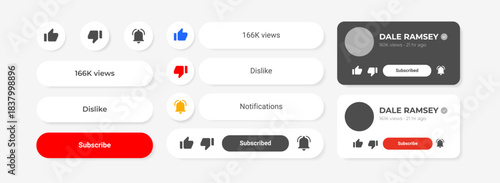 Modern UI elements featuring like, dislike, subscribe, notification buttons, and view counters. Includes light and dark modes, icons, and user cards. Video Platform Widgets.