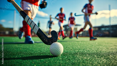 Close-up of field hockey stick and ball during match
