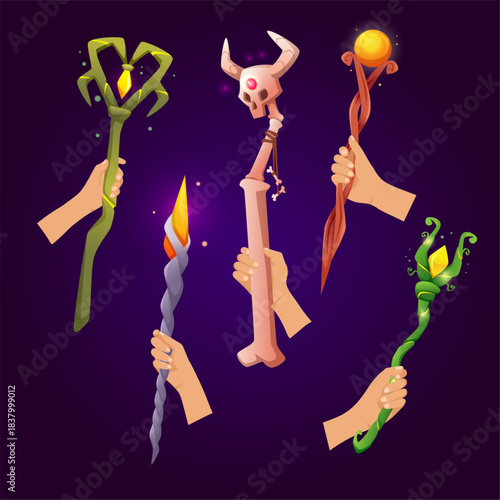 Magic wand in hand. wizards holding different glowing sticks. fairy tale concept set