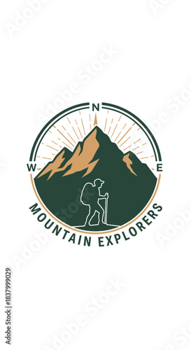 Mountain Explorers Emblem with Compass and Hiker Silhouette.