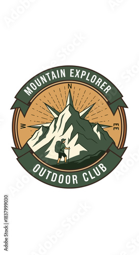 Mountain Explorer Outdoor Club Emblem with Compass and Hiker.