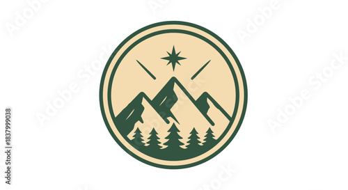 Mountain landscape with pine trees and a guiding star in a circular emblem.