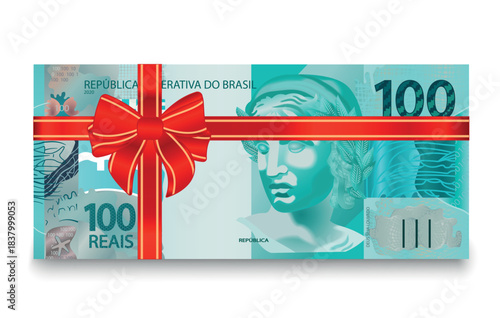 100 reals banknote with red bow, gift concept. Vector illustration.