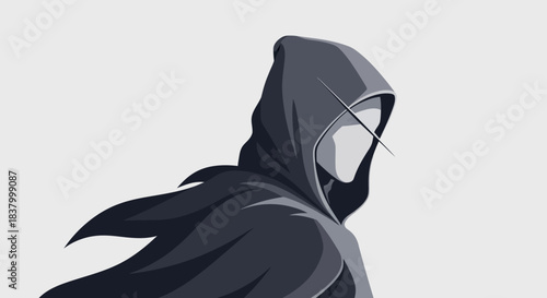 Mysterious cloaked figure in profile, minimalist illustration.