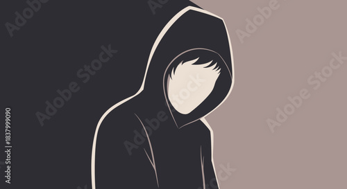 Mysterious figure in a dark hoodie with a hidden face.