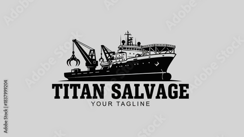 A vintage-style black and white logo featuring a large salvage ship with a crane and claw, above the text 'TITAN SALVAGE'.