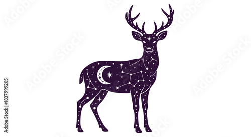 Mystical Celestial Deer Silhouette with Stars and Crescent Moon.