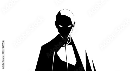 Mysterious Silhouetted Figure with Glowing Eyes in Stark Black and White.