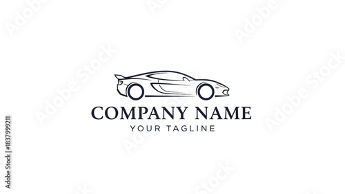 Elegant monochrome vector logo featuring a dynamic sports car silhouette above customizable company name and tagline.