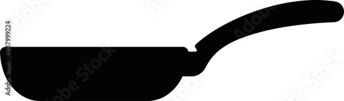 Black silhouette of a frying pan with a handle, a common kitchen utensil for cooking food.