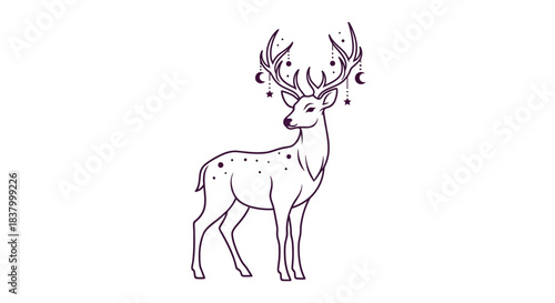 Mystical Deer with Celestial Antlers Line Art Illustration.
