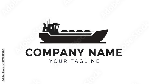 A minimalist black silhouette logo depicting a flat-bottomed cargo boat or barge with a cabin structure.
