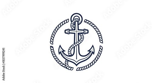 Nautical Anchor with Rope Circle Outline Drawing.