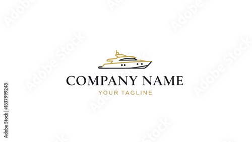 Elegant gold and black luxury yacht logo design on a clean white background, featuring placeholder company name and tagline.