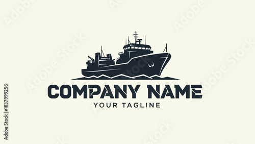 Vintage style monochrome logo design featuring a silhouette of a fishing trawler boat sailing on waves, with placeholder text for company branding.