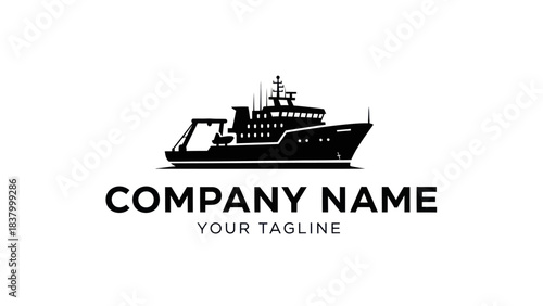 Stylized black and white logo featuring a powerful industrial fishing vessel or oceanographic research ship.