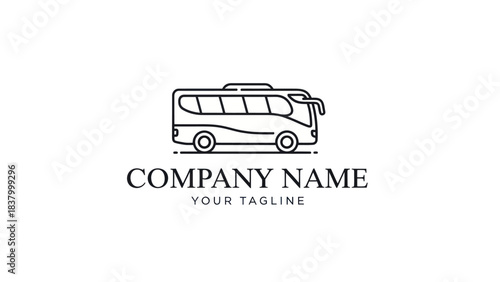 Minimalist line art illustration of a modern passenger coach bus with placeholder company name and tagline.