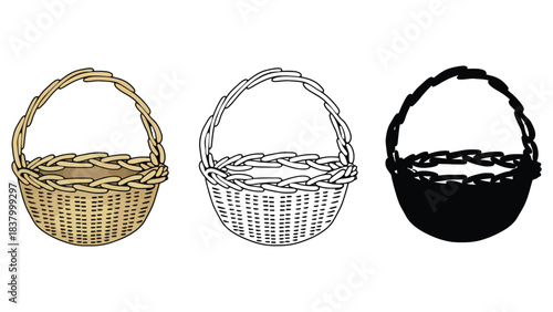 Three basket illustrations in color outline and silhouette formats