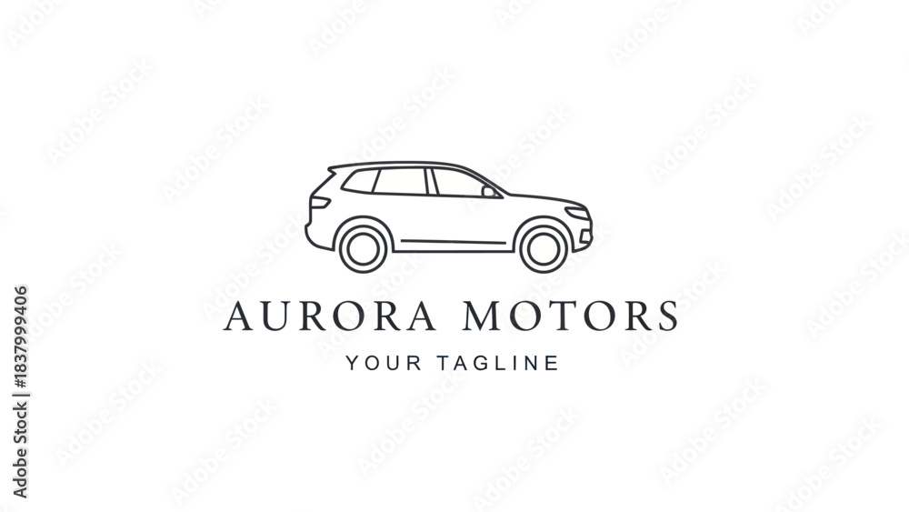 Fototapeta premium Minimalist line art logo featuring a modern SUV profile above 'Aurora Motors' text.