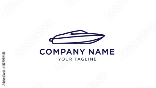 Minimalist line art logo featuring a sleek speed boat design with placeholder text for company name and tagline.