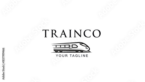 Monochromatic logo for TRAINCO, displaying a sleek high-speed train illustration and a placeholder tagline, set against a clean white background.