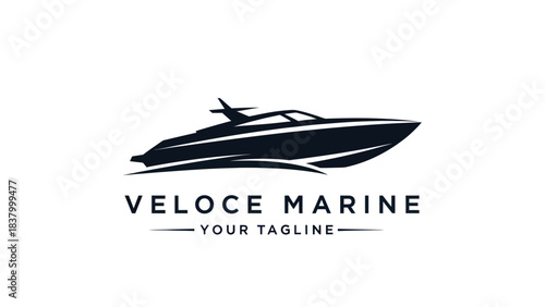 Sleek dark silhouette logo of a modern speed boat with 'VELOCE MARINE' text and a placeholder tagline on a clean white background.