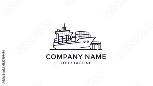Minimalist line art logo depicting a large cargo container ship docked at a busy port.