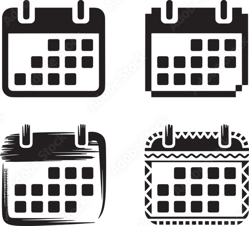 Set of four calendar icon designs, black glyphs on transparent background, vector illustration