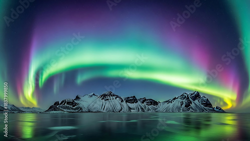 Aurora Borealis over Island: A breathtaking display of the Aurora Borealis dances gracefully across the night sky above a serene landscape of snowy mountains and a calm, reflective sea.