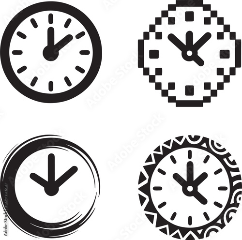 Set of vector clock icons in various styles on transparent background indicating time