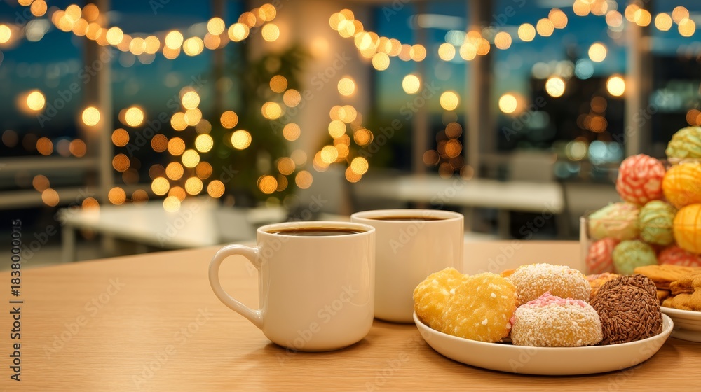 Fototapeta premium holiday office sharing, festivity, Christmas, lighting, Cozy Office Break Room with Festive Fairy Lights, Coffee Mugs, and Holiday Treats for Christmas Celebration and Relaxation