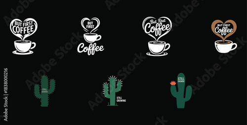 Coffee and cactus logos with text on black background heart