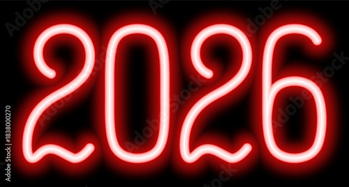 2026. Neon. Red glowing number. New Year. Color vector illustration. Isolated on black background. Idea for web design, banner.