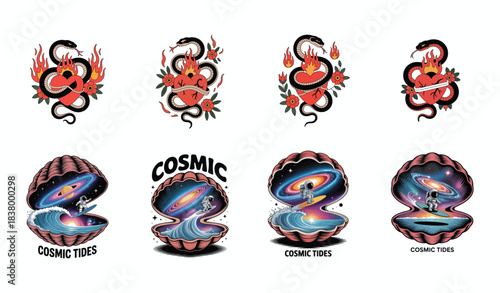 Cosmic astronauts surfing galaxies in shells and flaming hearts with snakes space galaxy