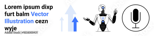 Artificial intelligence, technology growth, voice recognition, automation, robotics, data analysis. Robot with arrows pointing upward and a microphone symbol. Artificial intelligence and technology