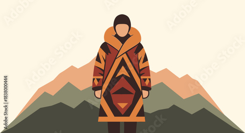 Person in traditional indigenous winter clothing standing outdoors.